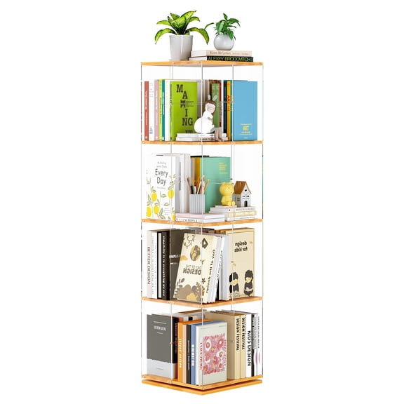 Rotating Bookshelf, 360 Degree Revolving Bookcase, 4-Tier Spinning Bookshelf, Clear Acrylic & Solid Wood Rotating Bookcase for Kid’s Playroom, Bedroom and Living Room, Square