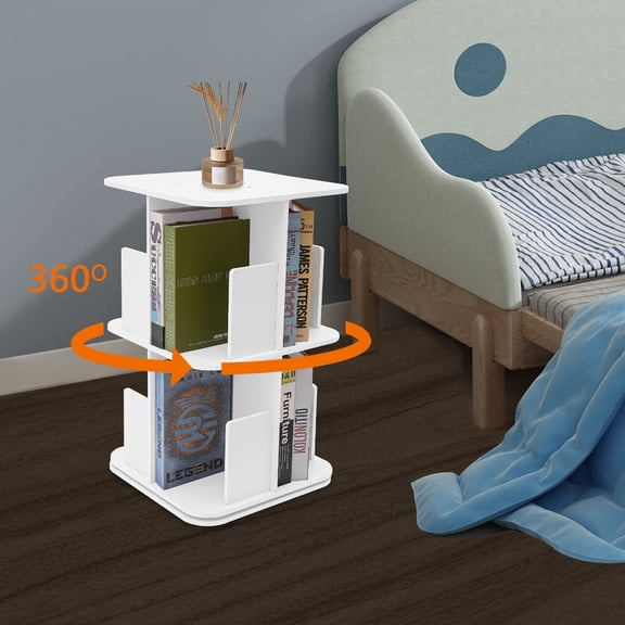 Rotating Bookshelf 360 Display 2 Tiers Floor Standing Bookcase Storage Rack PVC Revolving