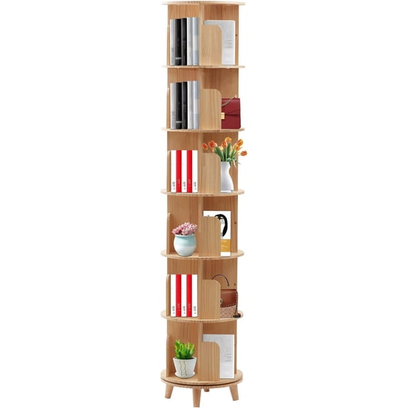 Rotating Bookshelf 360 Display 6 Tier Floor Standing Bookcase Storage Rack, Solid Wood Bookshelf Organizer