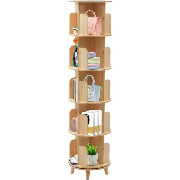 Rotating Bookshelf, 360 Display Corner Floor Standing Bookcase Storage Rack for Small Space, 5 Tier Wood Multi-Functional Narrow Organizer for Bedroom, Living Room, Study Room