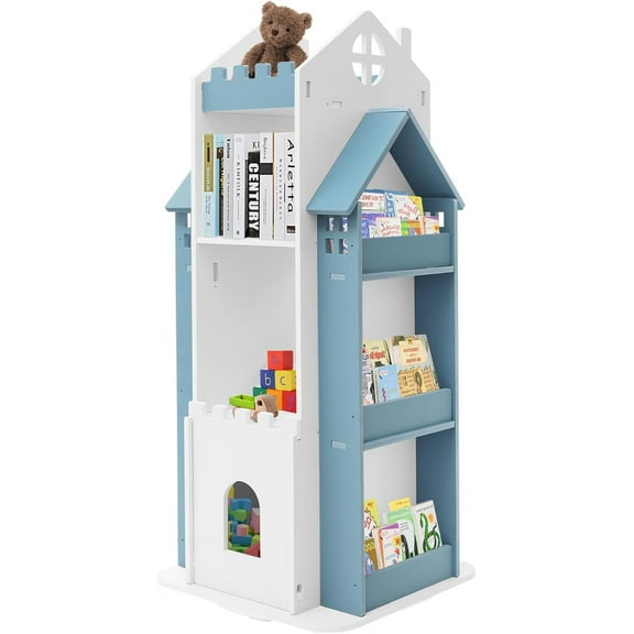 Rotating Bookshelf, 360 Display Floor Standing Bookcase Storage Rack, Multi-Functional Revolving Bookcase, Small Corner Bookshelf for Small Space, Spinning Bookcase for Kids & Adults (Blue)