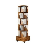 Rotating Bookshelf, 360  Display Round Rolling Bookshelf with Wheels and Drawer, Space-Saving, Small Space Rotating Bookshelf Tower for Bedroom, Living Room, Home, Office, Rustic Brown