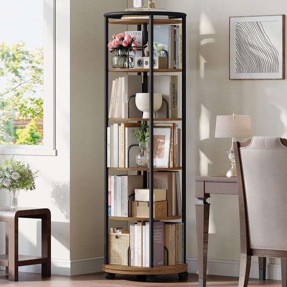 Rotating Bookshelf, 360 Spinning Bookshelf Tower, Display Revolving Bookcase, Round Book Shelf, Narrow Swivel Bookshelves for Small Space, Bedroom, Living Room, 6-Tier Rustic Brown, BC52101B