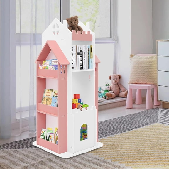 Rotating Bookshelf  360 Spinning Vertical Bookcase for Children  Large Capacity Montessori Storage Tower, Easy Assembly, Pink & White