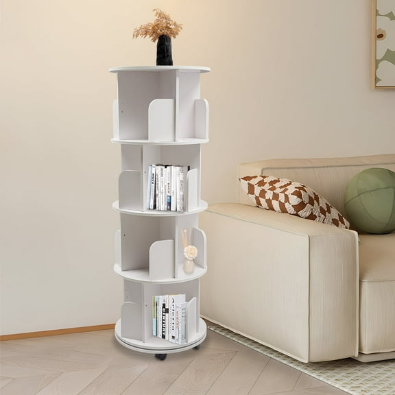 Rotating Bookshelf, 4-Layer Round Display Stand with 360 Swivel & Locking Wheels, Space-Saving Shelf for Living Rooms & Offices