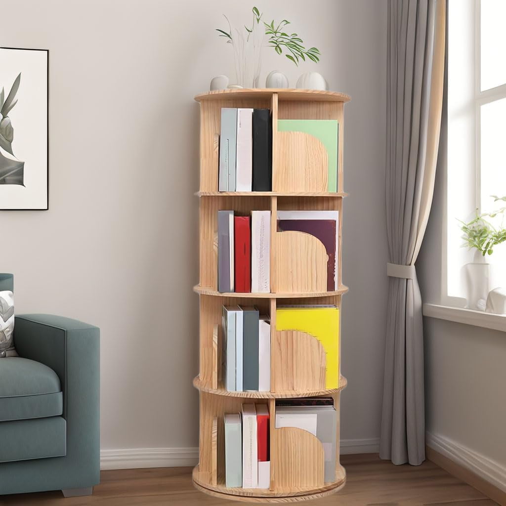 Rotating Bookshelf 4 Tier 360 Display Floor Standing Wood Bookcase
