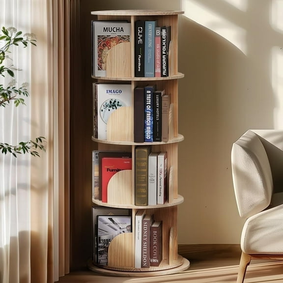 Eliantte 4 Tier Rotating Bookshelf, Solid Pine Wood Bookcase Organizer, 360° Spinning Wood Floor Standing Narrow Book Shelf
