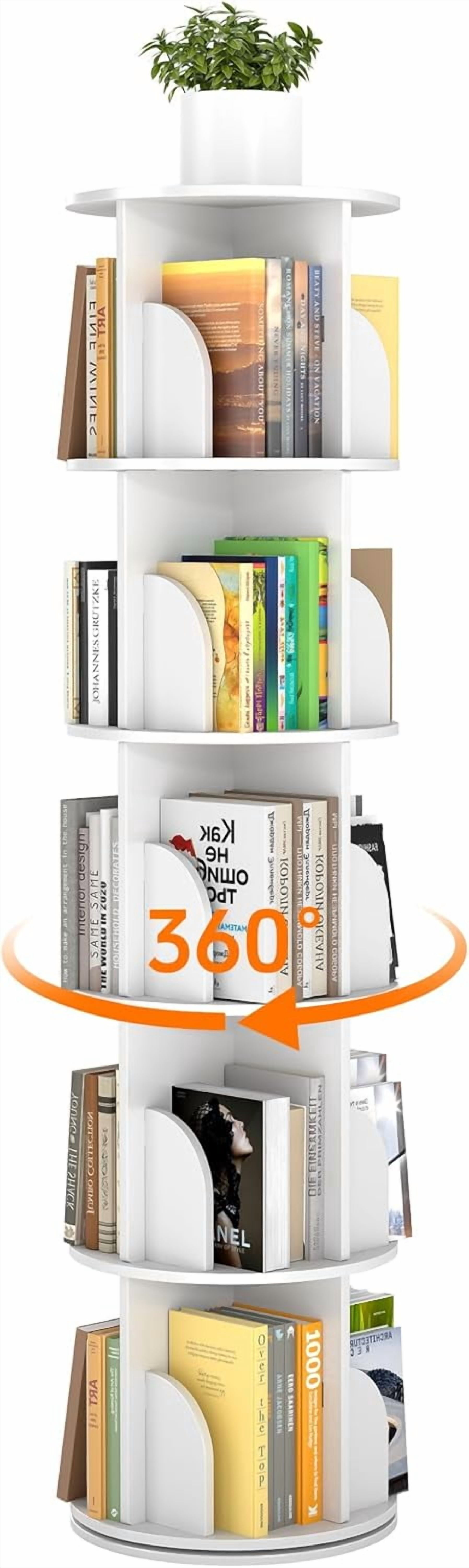 Rotating Bookshelf 5 Tier, 360 Degree Spinning Corner Bookcase with Lazy Susan, White Space Saving Tower Organizer for Small Spaces, Bedroom, Living Room, Adults