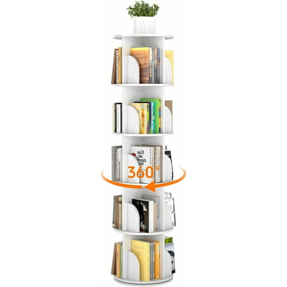 Rotating Bookshelf 5 Tier, 360 Degree Spinning Corner Bookcase with Lazy Susan, White Space Saving Tower Organizer for Small Spaces, Bedroom, Living Room, Adults