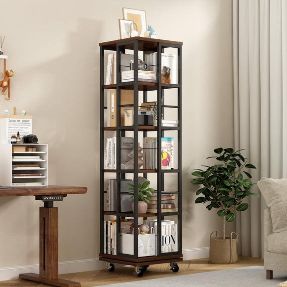 Rotating Bookshelf, 5 Tier Corner Bookcase with Metal Frame Construction, Square Design with 360-Degree Rotation, Rustic Brown Finish