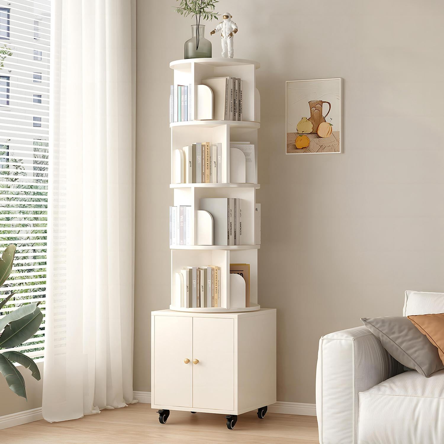 Rotating Bookshelf, 5 Tier Corner Bookcase with Storage Drawer and 360-Degree Rotation, Modern Design for Bedroom or Office, White Finish