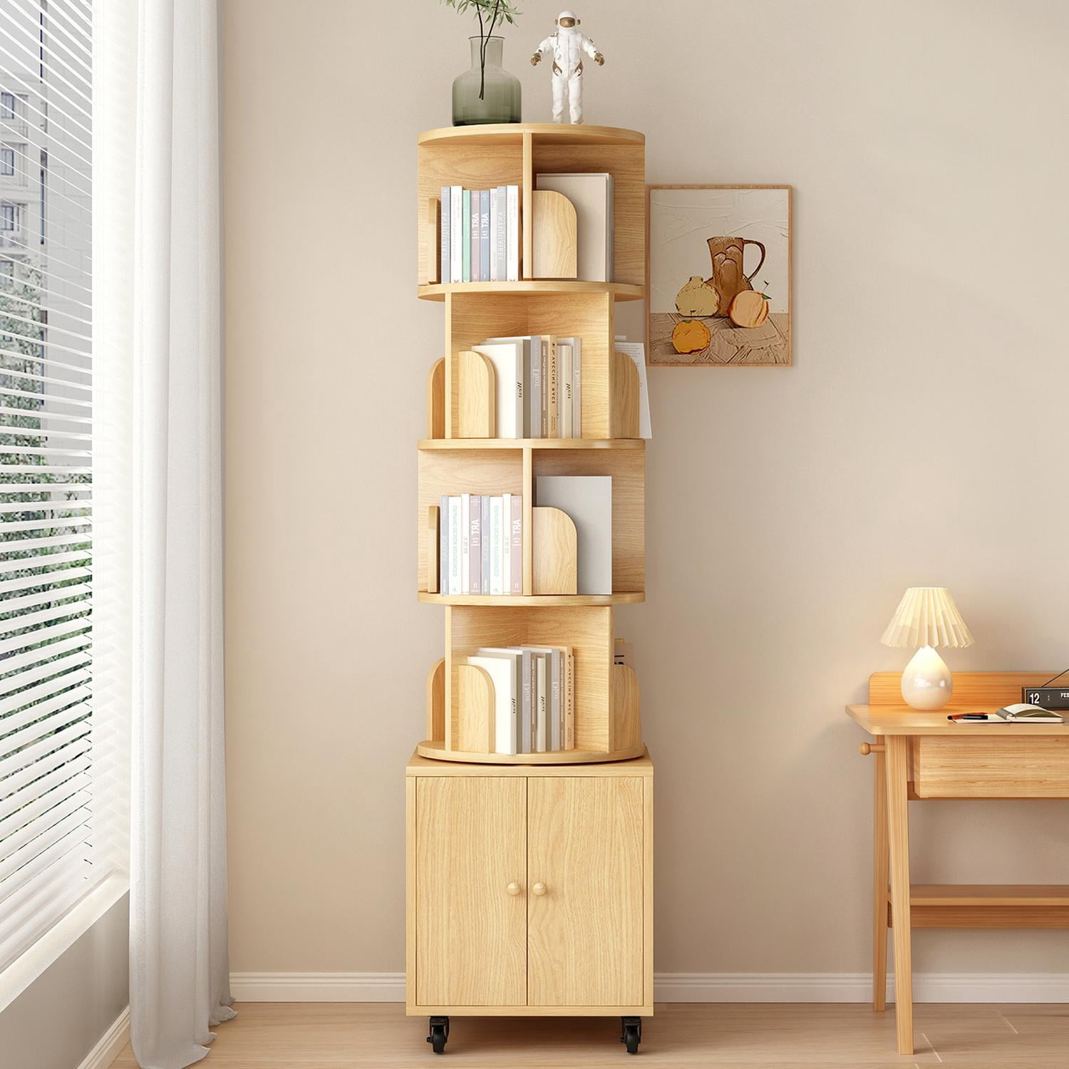 Rotating Bookshelf, 5 Tier Corner Bookcase with Storage Drawer and 360-Degree Rotation, Wood Construction for Home Decor, Natural Wood Finish