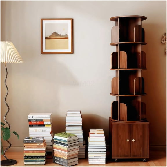 Rotating Bookshelf 5 Tier with Drawer, 360 Degree Corner Bookcase, Walnut Brown MDF Floor Standing Storage Organizer for Living Room Bedroom