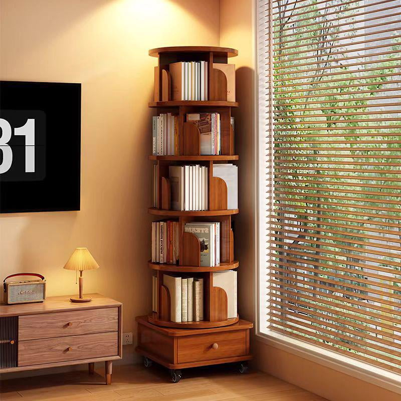 Rotating Bookshelf, 6 Tier Corner Bookcase with 360-Degree Rotation and Wheels, Space-Saving Design for Small Spaces, Walnut Brown Finish