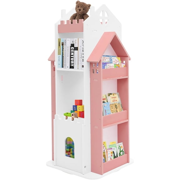 Rotating Bookshelf, Children's Bookcase 360 Revolving Floor Standing Shelves Rotating Bookshelf Kids Castle Bookshelves Tower Spinning Bookcase for Bedroom Living Room (White) (Pink,White)