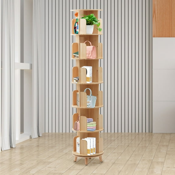 Rotating Bookshelf Cylindrical Wooden Book Rack 6 Tier Plants Storage Display