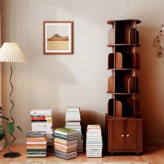 4-Tier Corner Bookshelf , Rotating Bookcase with Storage Cabinet,universal wheels Space-Saving Floor Organizer Walnut Brown