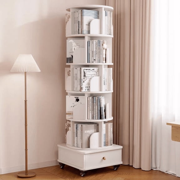 Rotating Bookshelf with Drawer, Display 6 Tier Corner Bookshelf for Small Space, Floor Standing Bookcase Storage Rack, Wood Narrow Organizer for Bedroom, Living Room (WHITE) (PRIME BIG DEAL DAYS)