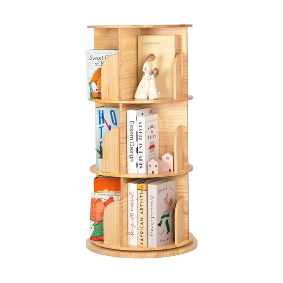 Rotating Bookshelf for Kids & Adult, Small Corner Bookcase 360° Display 3 Tier Floor Standing Bookshelf, Narrow Book Shelf Organizer for Small Space, Bedroom Natural