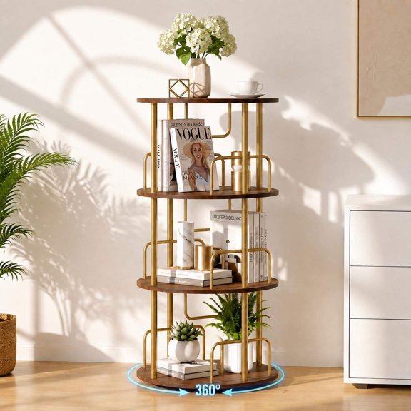 Rotating Bookshelf, Revolving Round Bookcase with Open Display Storage, Freestanding Vertical Space-Saving Organizer for Living Room or Bedroom