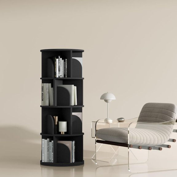 Rotating Bookshelf, Small Corner Bookshelf for Small Space, 360 Display Floor Standing Bookcase Storage Rack, Wood Narrow Book Shelf Organizer for Bedroom, Living Room (Black, 4 Tiers)