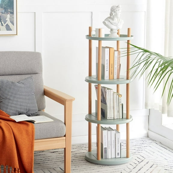 Rotating Bookshelf, Small Corner Bookshelf for Small Space, 360° Display 4 Tier Floor Standing Bookcase Storage Rack, Wood Narrow Round Bookshelf Organizer for Bedroom, Living Room, Natural+Blue