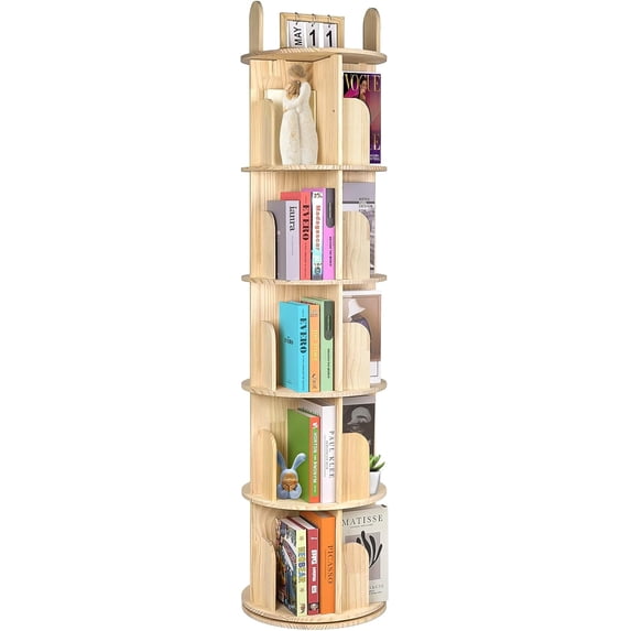 Rotating Bookshelf, Solid Pine Wood Spinning Bookshelf Tower 5 Tier, 360° Revolving Bookcase for Kids, Multi-Functiona Corner Round Turning Book Shelf Organizer for Small Spaces