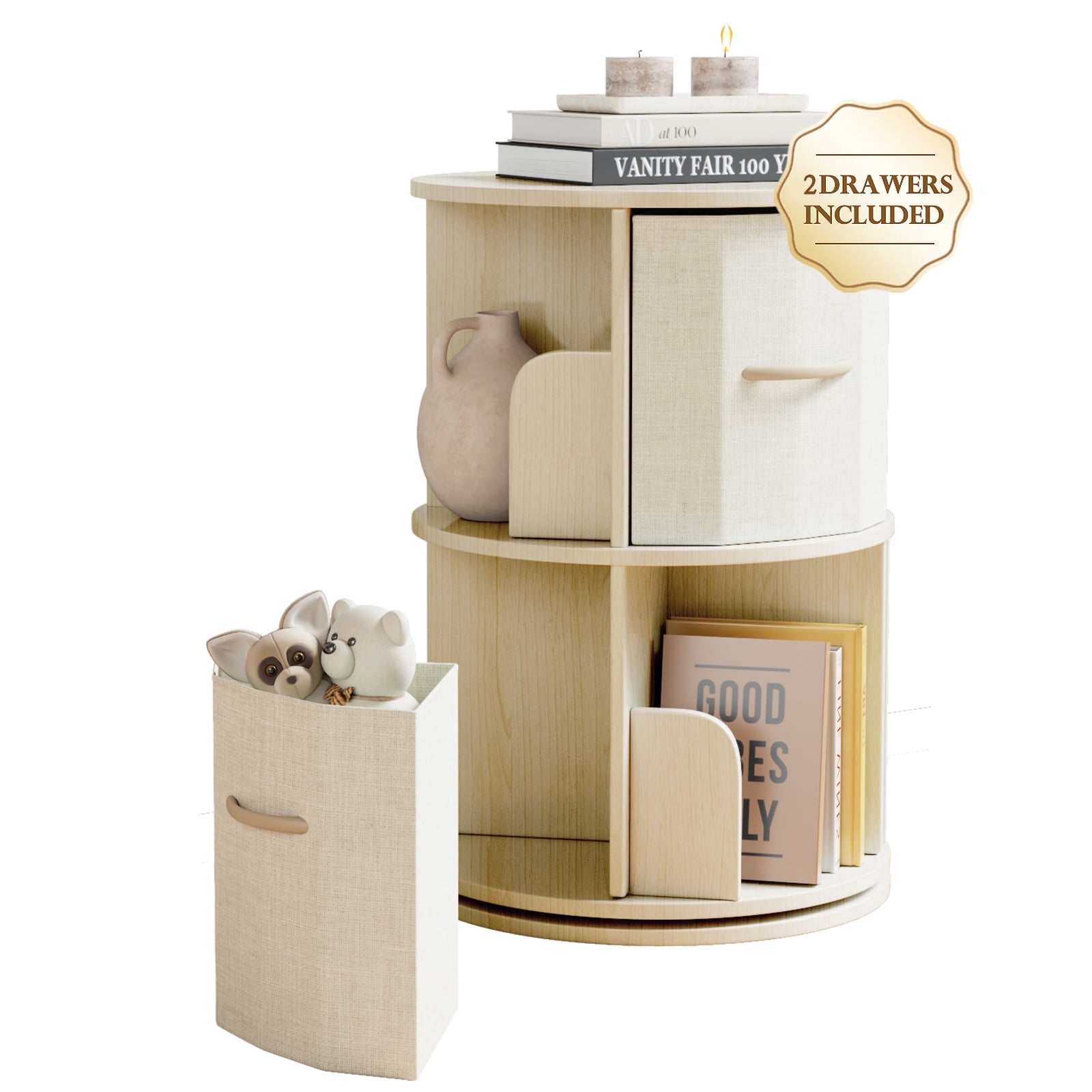 Rotating Bookshelf - Solid Wood Rotating Bookshelf Tower with 2 Drawers ...