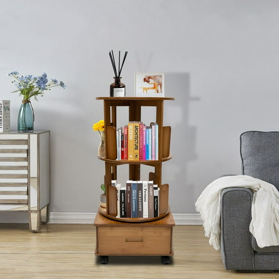 Rotating Bookshelf with Storage Drawer, 360 Display Wood Spinning Bookshelf 4-Tier Corner Bookshelf Mobile Rotating Bookcase Storage Rack Side Table with Rolling Wheels