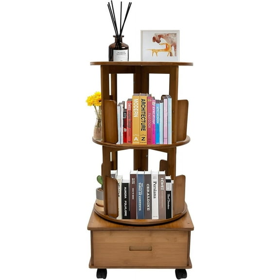 Rotating Bookshelf with Storage Drawer, Bamboo End Table Multi Storage Table, Nightstand Side Table with Rolling Wheels for Living Room Bedroom Study Room (brown)