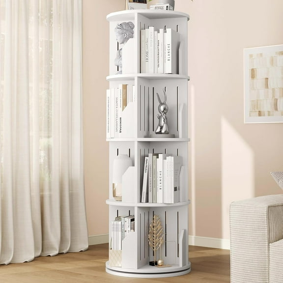 Rotating Bookshelf Tower, 4 Tier Corner Narrow Spinning Bookcase, 360° Revolving Storage Round Book Shelf, Vertical Swivel Lazy Susan Organizer for Kids Rooms Classroom Library Small Space Decor