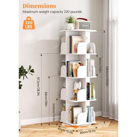 Rotating Bookshelf Tower, 4 Tier Spinning Square Bookshelf for Small Spaces, 360 Display Kids Bookshelves, Revolving Bookcase Floor Standing Storage Rack, White