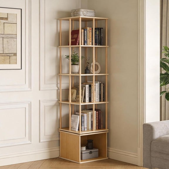 Rotating Bookshelf Tower, 5 Tier Solid Wood Round Spinnings Bookshelf Tower, 360 Revolving Bookcase Rolling for Kids Adult, Rotation Book Shelf for Bedroom, Living, Office, Corner, Natural