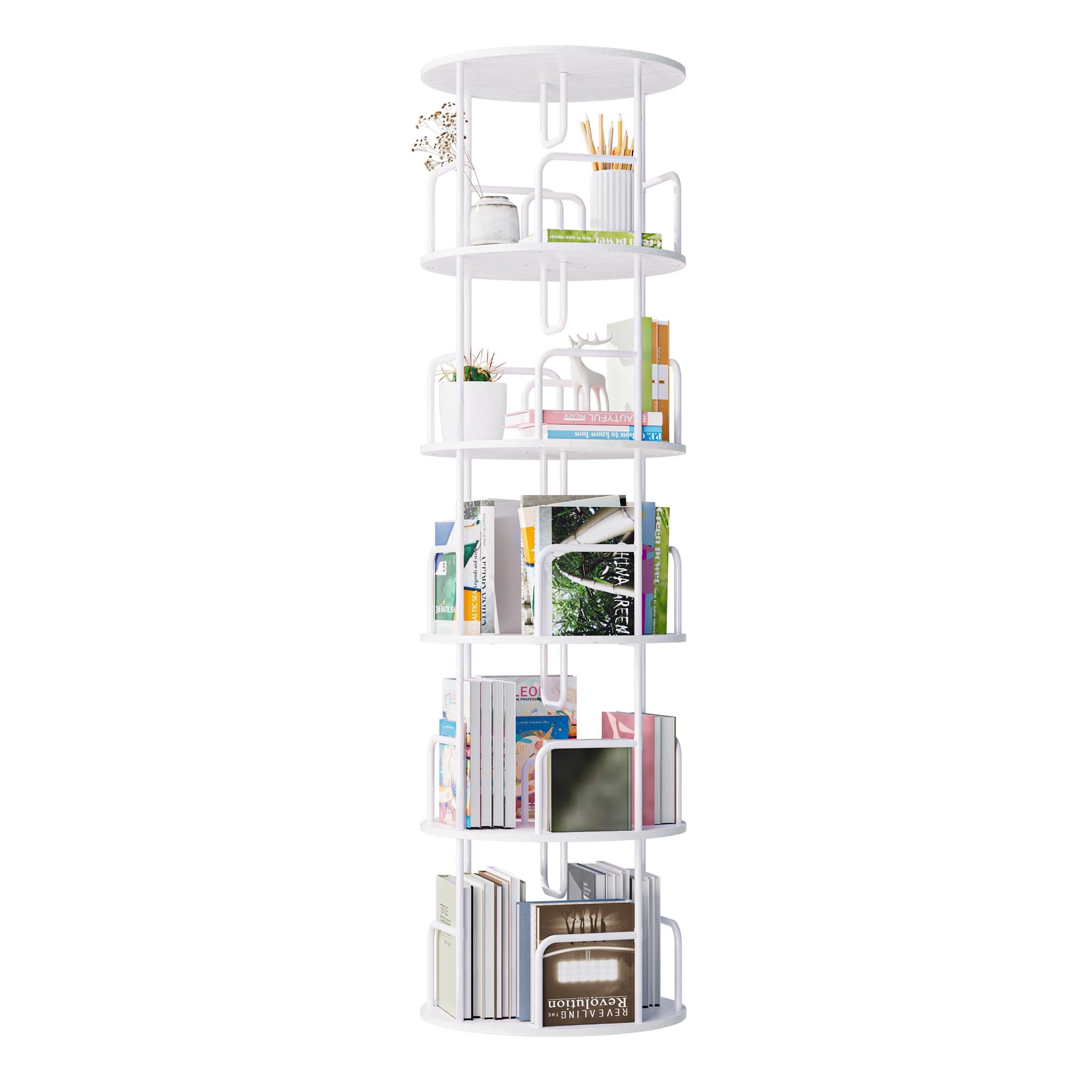 Rotating Bookshelf Tower 5 Tier,Spinning Bookcase, Revolving 360 Book Shelf Narrow Tall Bookcase, Vertical Turning Round storage Bookshelf ,Book Shelf Organizer for Bedroom, Living Room, White
