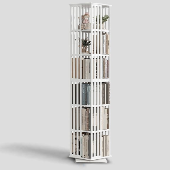 Rotating Bookshelf Tower– 6 Tier 360° Bamboo Spinning Book Shelves| Space-Saving Tall Square Revolving Bookcase for Small Space, Living Room, Bedroom & Office | White Corner Bookshelf