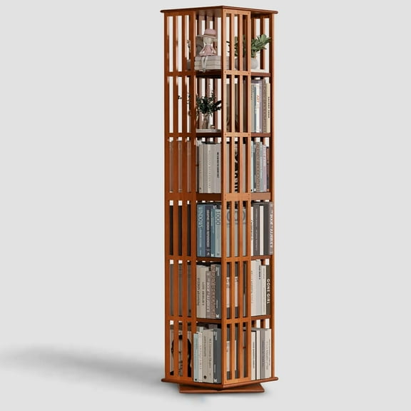 Rotating Bookshelf Tower– 6 Tier 360° Bamboo Spinning Bookshelf | Space-Saving Floor Standing Square Revolving Bookcase for Small Space, Home Offices & Reading Corners | Walnut
