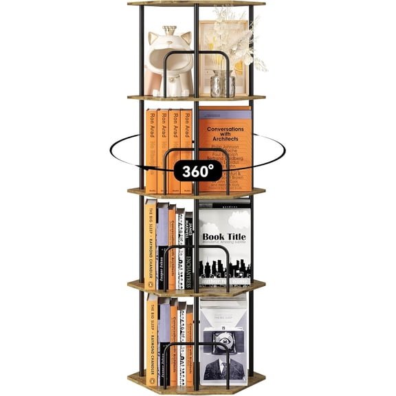 Rotating Bookshelf Tower, Revolving 360 Spinning Bookcase, Hexagonal Corner Book Shelf Storage Carousel, Vertical Rotate Turning Organizer for Living Room Office Bedroom