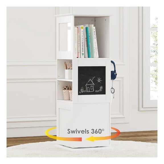 Rotating Bookshelf Tower,Revolving Bookcase with Blackboards and Hooks,Toy Storage Organizer for Family Spaces,Nursery,Bedroom,Living Room,White