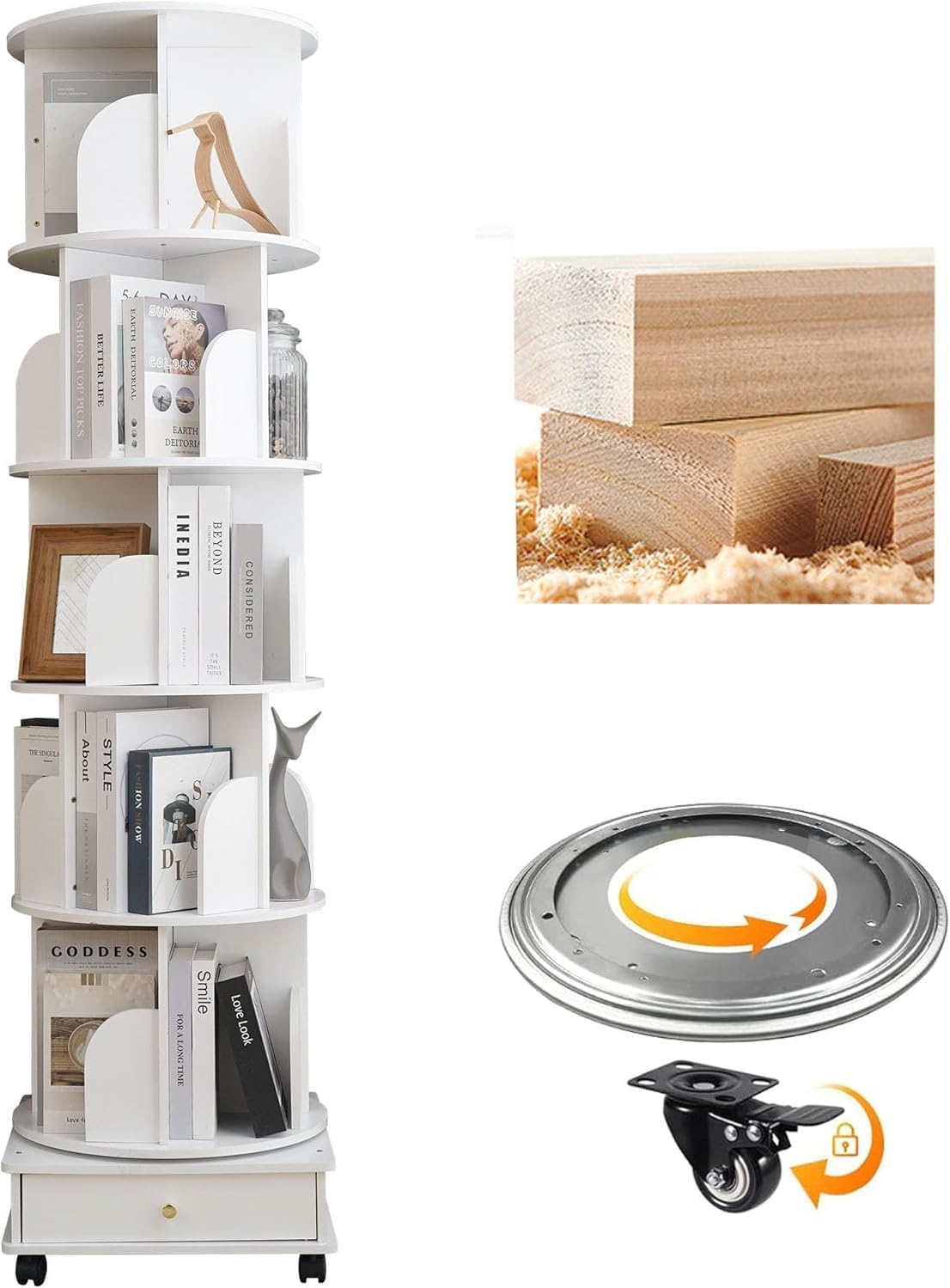 Rotating Bookshelf Tower,Solid Wood 5Tier Revolving Bookcase for Kids ...