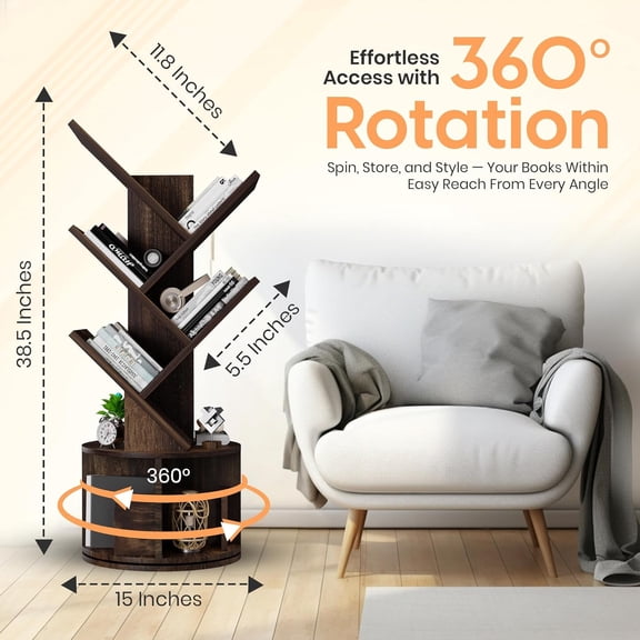 Rotating Bookshelf Tree, 5 Tier Space Saving Narrow Bookcase, 360 Spinning Tower, Premium Wood Corner Book Shelf for Kids or Office, Tall Standing Storage Organizer