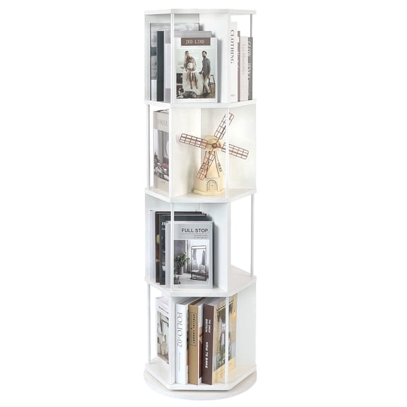 Bloddream 4 Tier Rotating Bookshelf,360° Display Wood Spinning Bookshelf, Vertical Bookcase Storage Round Carousel for Space-Saving,Corner Book Shelf for Home,Office, Bedroom, White
