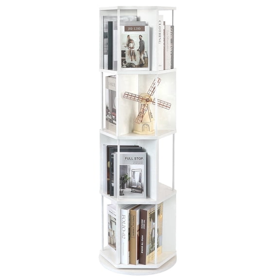 Bloddream 4 Tier Rotating Bookshelf,360° Display Wood Spinning Bookshelf, Vertical Bookcase Storage Round Carousel for Space-Saving,Corner Book Shelf for Home,Office, Bedroom, White