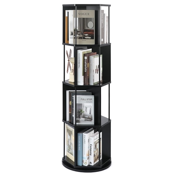 Bloddream 4 Tier Rotating Bookshelf,360° Display Wood Spinning Bookshelf, Vertical Bookcase Storage Round Carousel for Space-Saving,Corner Book Shelf for Home,Office, Bedroom, Black