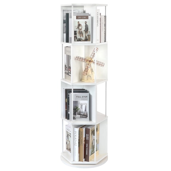 Bloddream 4 Tier Rotating Bookshelf,360° Display Wood Spinning Bookshelf, Vertical Bookcase Storage Round Carousel for Space-Saving,Corner Book Shelf for Home,Office, Bedroom, White