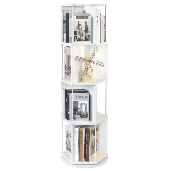 Bloddream 4 Tier Rotating Bookshelf,360° Display Wood Spinning Bookshelf, Vertical Bookcase Storage Round Carousel for Space-Saving,Corner Book Shelf for Home,Office, Bedroom, White