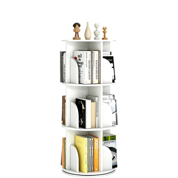 Rotating Bookshelf, Wood Corner Bookshelf, 360 Display Spinning Bookcase Storage Rack for kids, 3 Tier Floor Standing Revolving Bookcase Narrow Book Shelf Organizer for Small Space, Bedroom(White)