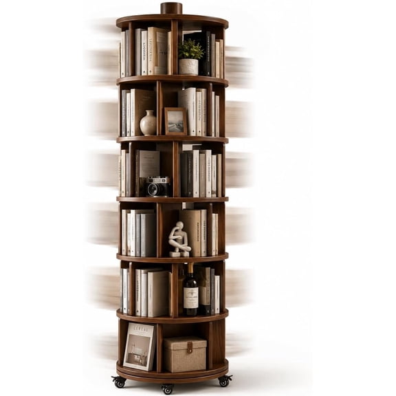 Sleepnexis 6 Tier Solid Wood Rotating Bookshelf, 360 Spinning Bookcase with Lockable Wheels, Walnut