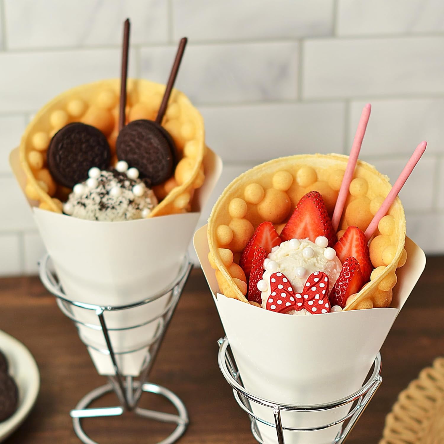 Rotating Bubble Waffle Maker with Nonstick Plates and Drip Tray for Home Kitchen Use