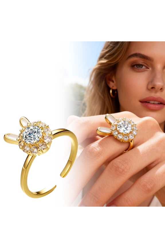 Rotating Bunny Animal Jewelry Ring for Women, Adjustable Band with Sparkling Gemstone, Elegant Gift for Her