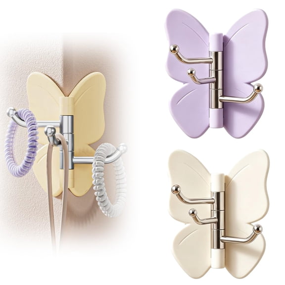 Rotating Butterfly Wall Hooks, 270° Swivel 3-Prong Adhesive Hooks, Heavy Duty No Drill Corner Hangers with Adjustable Wings, Stick-on Wall Mount for Bathroom, Kitchen, Entryway, Bedroom